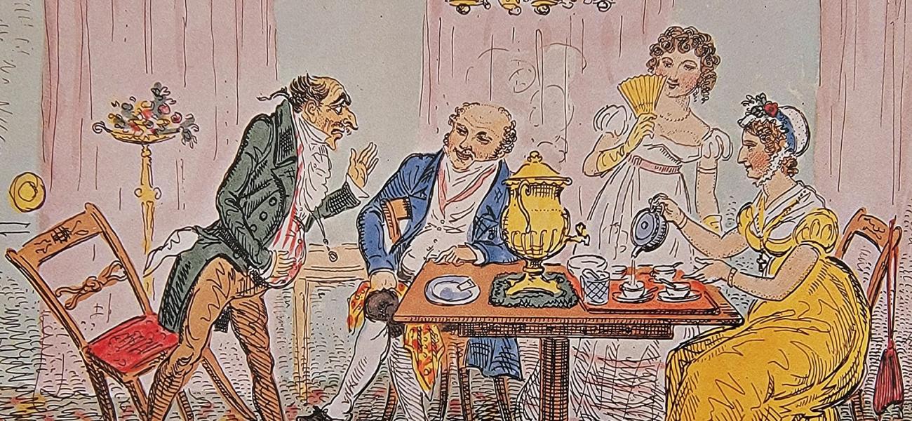 An 1825 cartoon shows a Frenchman who is offered a 13th cup of tea by a hostess due to the guest not being aware of the English tea etiquette (a teaspoon shall be left in a cup indicating "no more") Source Jane Pettigrew (2001). A Social History of Tea.