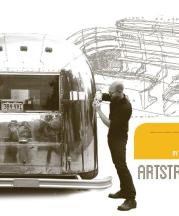 Del Harrow shows students how to take accurate measurements for use in creating the CAD model. Photograph: Kim Hudson, 2014. BEHIND, RIGHT: A sketch of Del’s ideas for the interior design of the Artstream, 2014.
